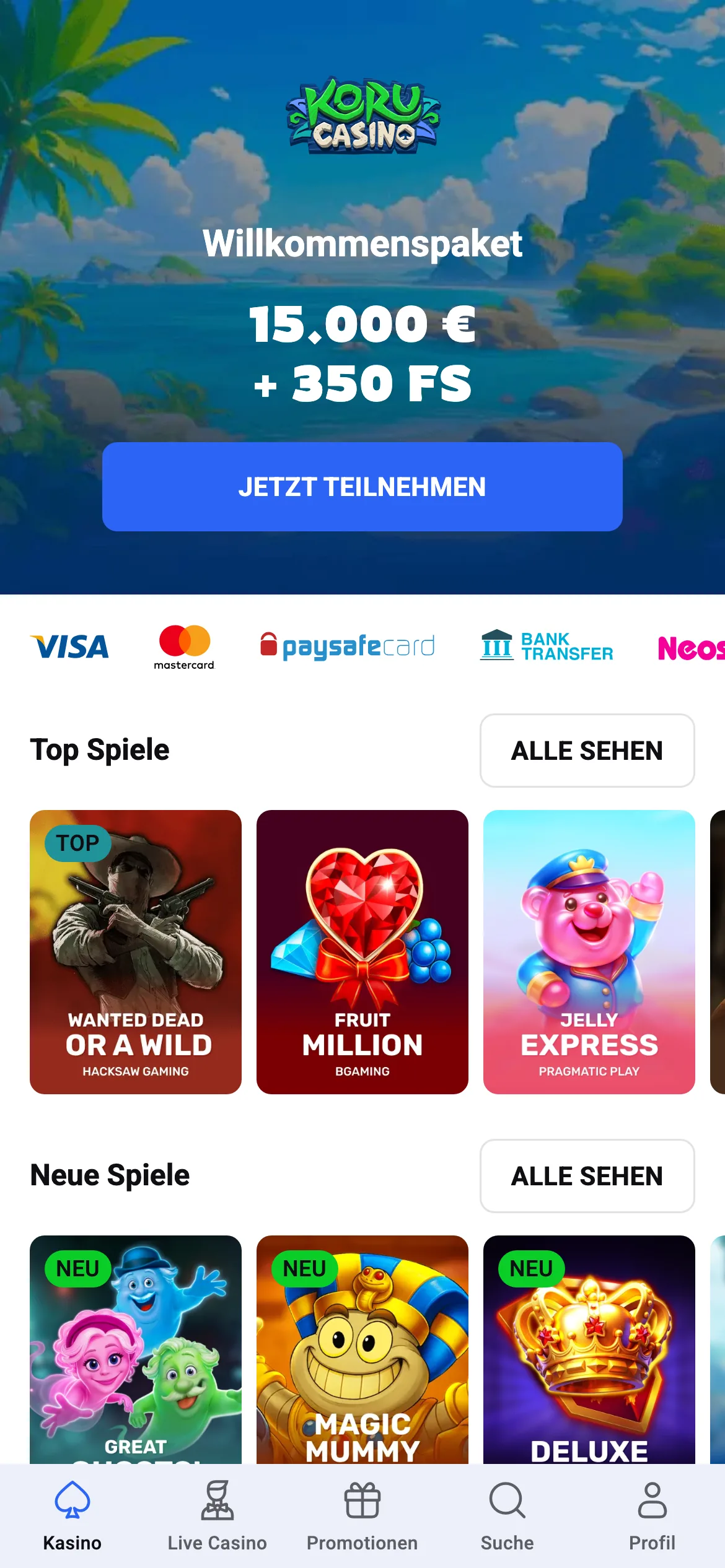 Koru Casino mobile lobby screenshot